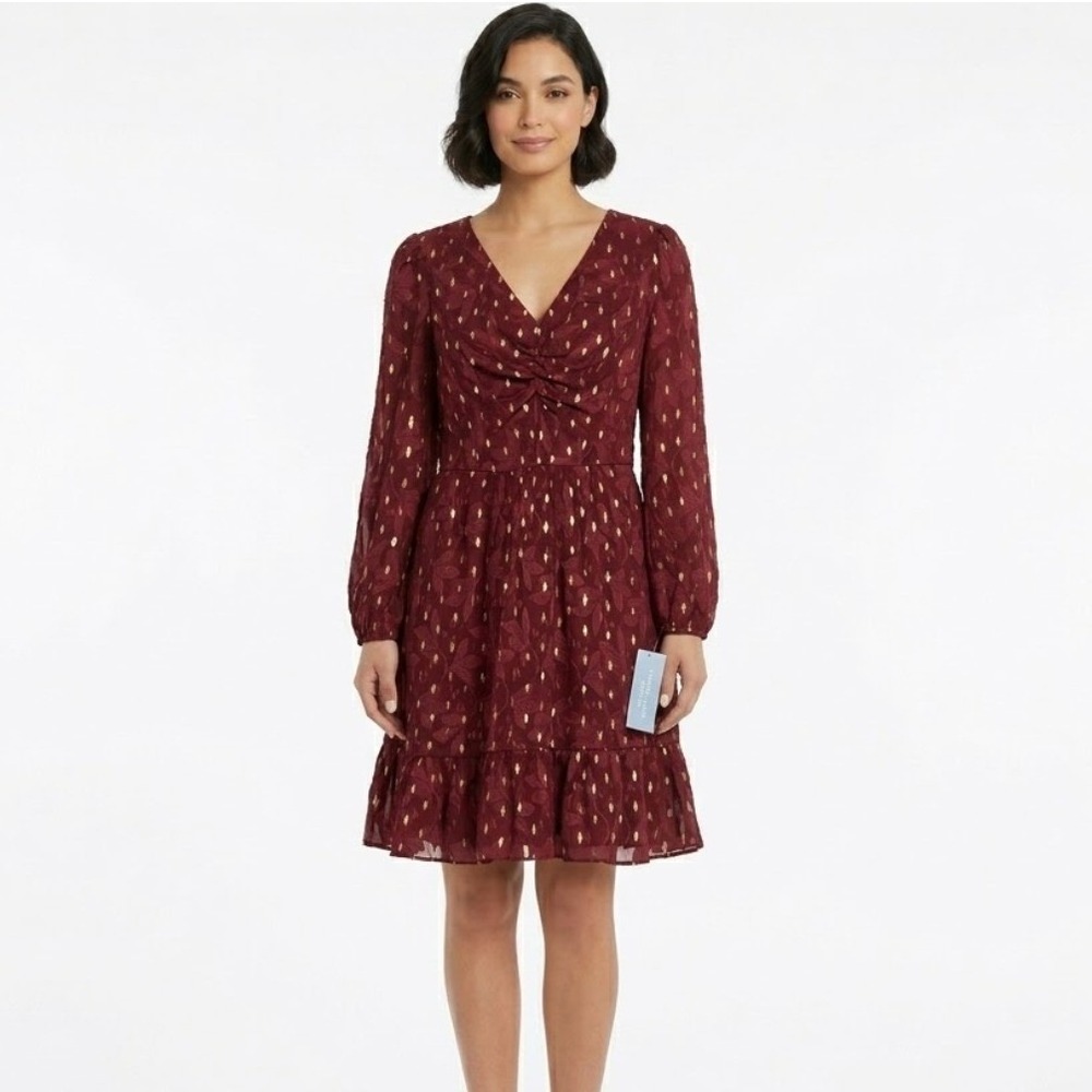 New London Times Dress Women‎ 8P Burgundy Gold Metallic Leaf Long Sleeve Casual